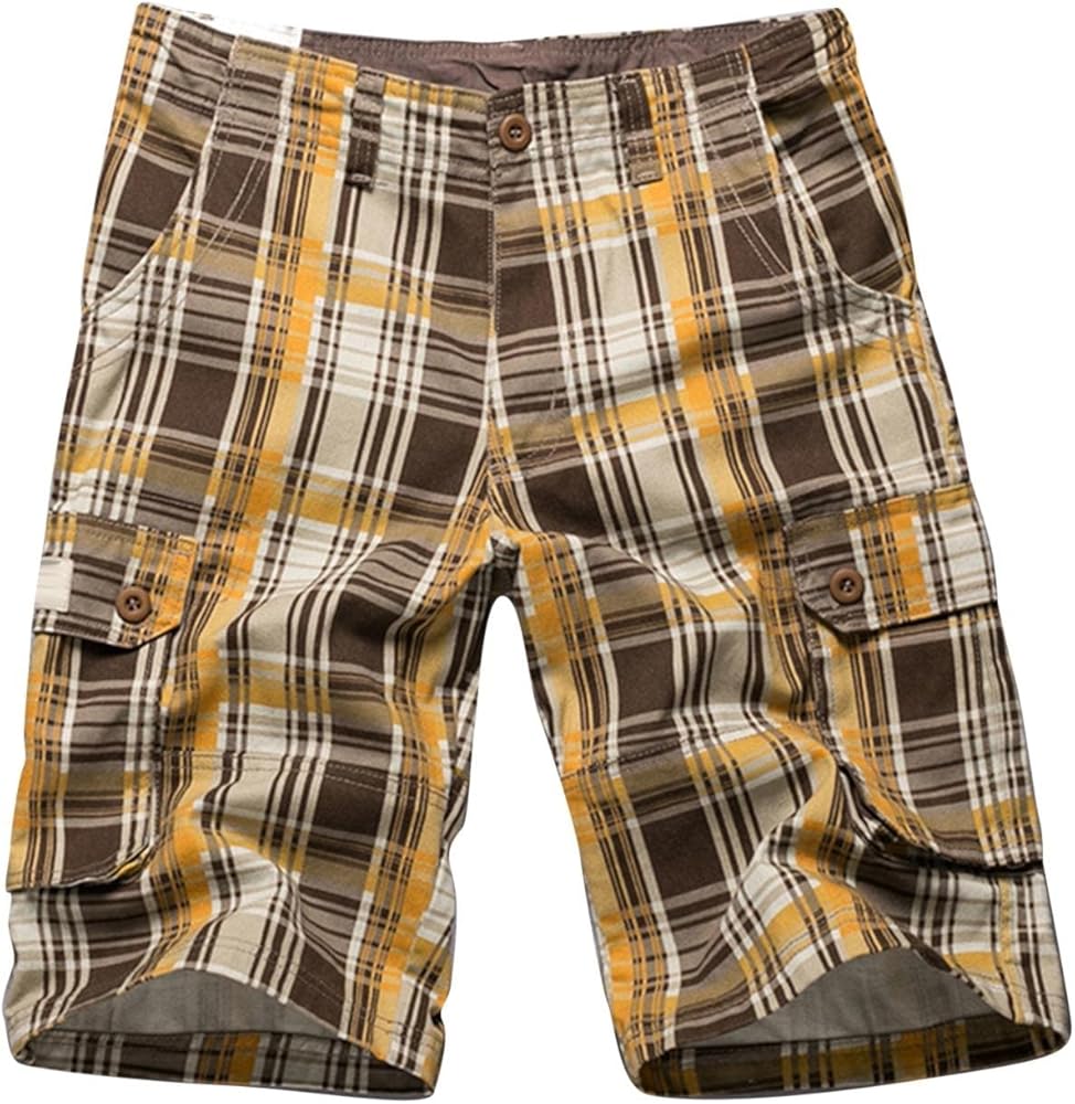 Men's Shorts Cargo Summer Multi Pocket Plaid Solid Shorts Casual Shorts for Men, Yellow, 34