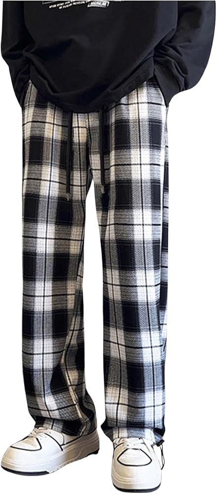 OYOANGLE Men's Plaid Print Drawstring Elastic Waist Pockets Long Pants Casual Wide Leg Trousers