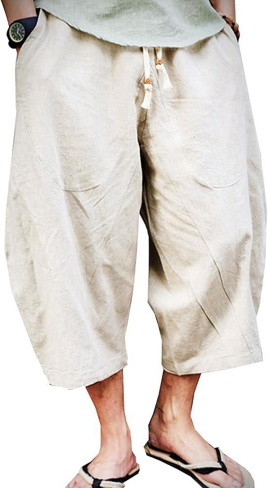 sandbank Mens Summer Casual Lounge Baggy Patchwork Linen Shorts Harem Capri Pants