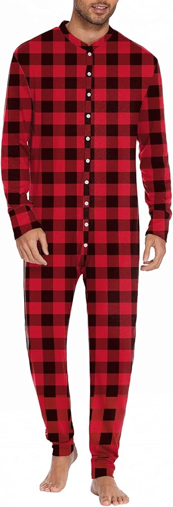 Ekouaer Men's One Piece Pajama Thermal Full Button Union Suit Long Sleeve Onesie with Button Flap S-XXL