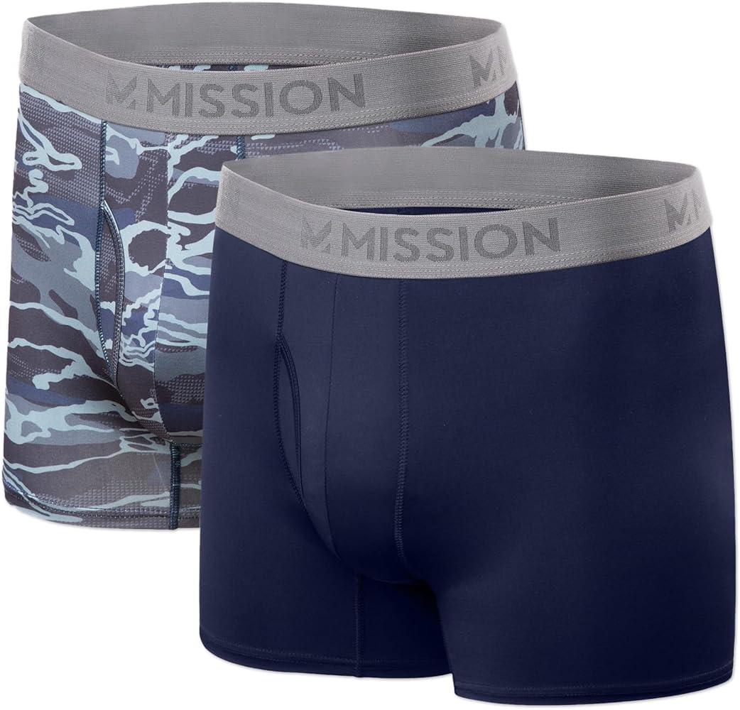 MISSION 5" Performance Jersey Boxer Briefs, XL - 2 Pack, Navy/Camo - Anti-Roll Waistband - Soft, Moisture-Wicking Fabric