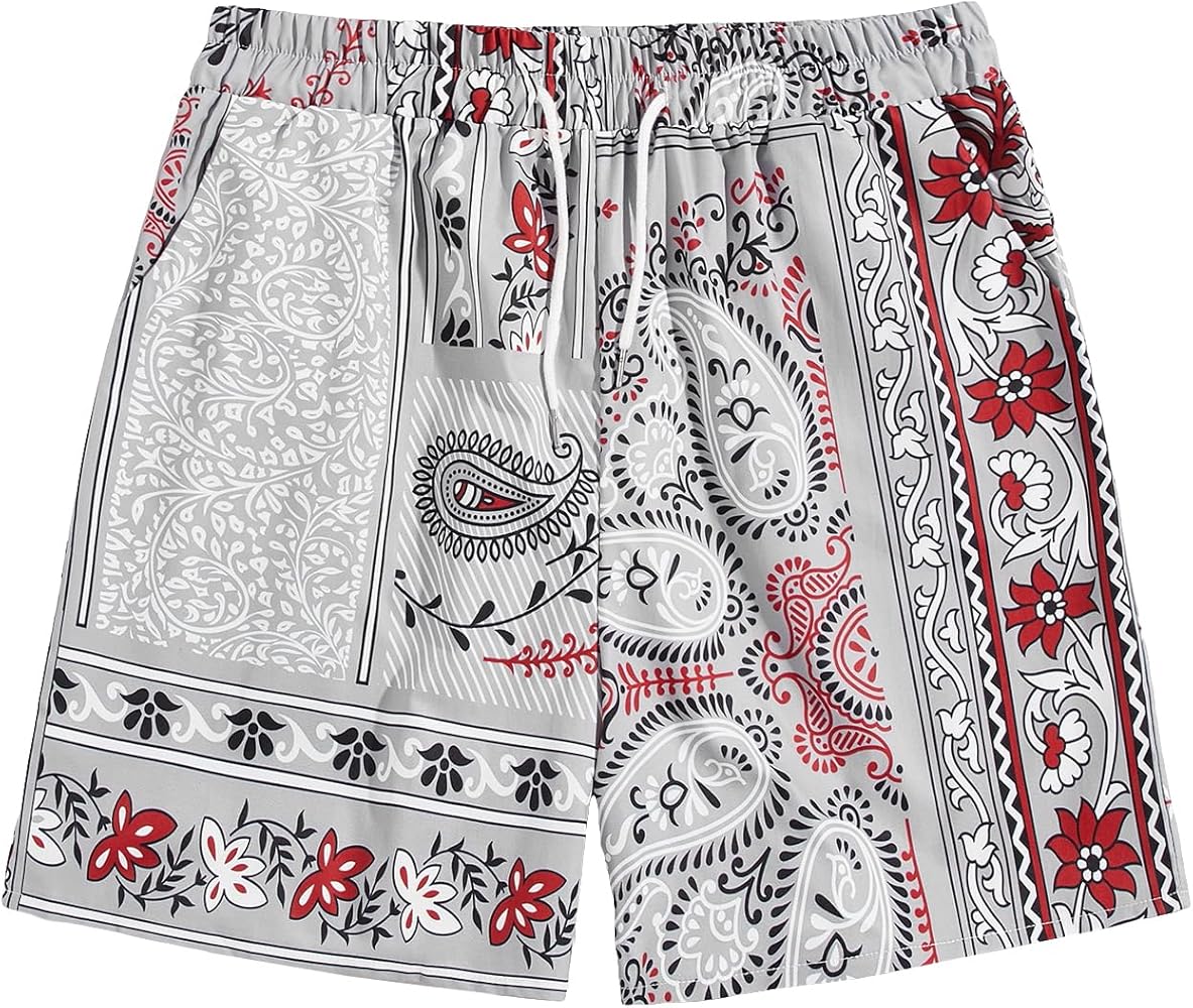 SOLY HUX Men's Paisley Print Drawstring Waist Shorts Straight Leg Shorts Summer Casual Bottom Streetwear