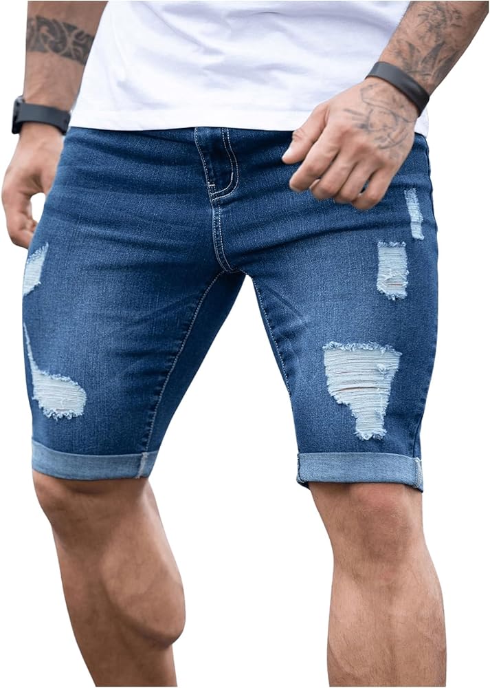 Floerns Men's Ripped Frayed Jeans Roll Up Hem Distressed Denim Shorts