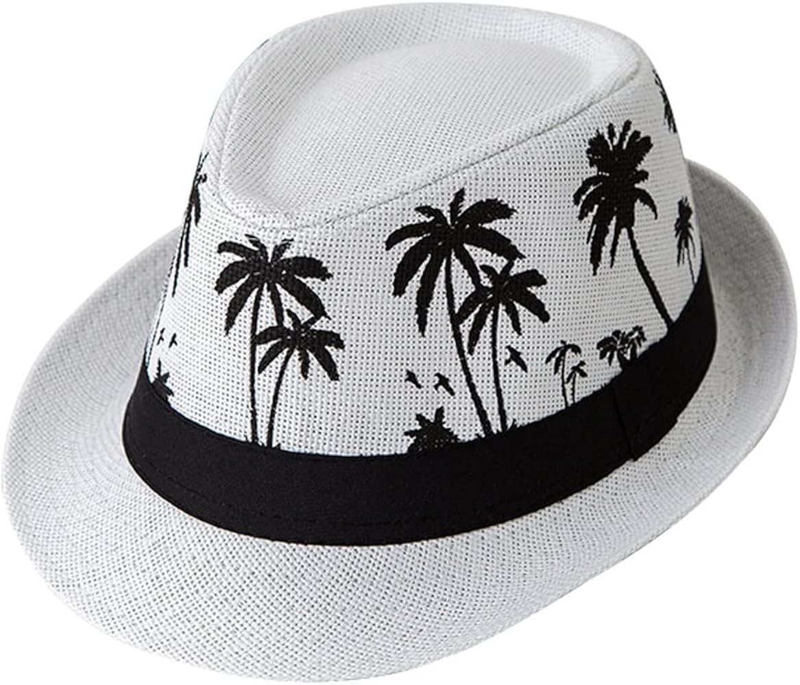 Panama Straw Hats Short Brim Fedora Straw Hat Trilby Hat Palm Tree Print Summer Beach Sun Hat Cap for Men Women