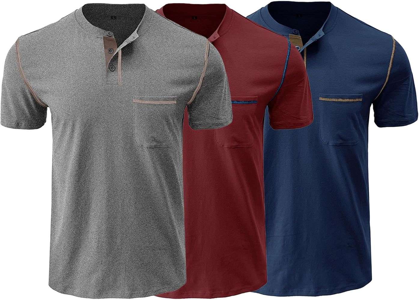 3 Pack Men's Fashion Casual Henley Shirts Lightweight Slim Fit Button T-Shirts Summer Short Sleeve with Pocket