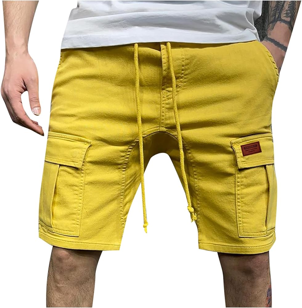 Cargo Shorts for Men Drawstring Solid Color Bermuda Shorts with Multi Pockets Loose Fit Summer Casual Beach Shorts