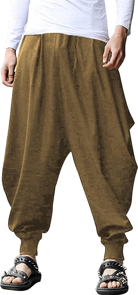 perdontoo Mens Casual Harem Pants Loose Elastic Waist Drawstring Hippie Aladdin Drop Crotch Trousers