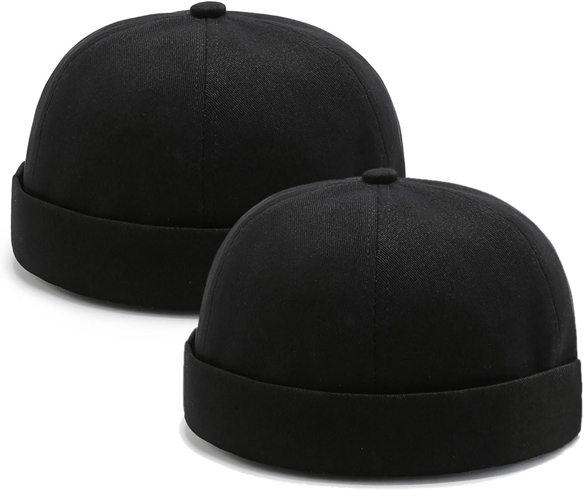 2 Pcs Mens Brimless Docker Cap Set - Retro Worker Sailor Skull Cap Beanie with Rolled Cuff