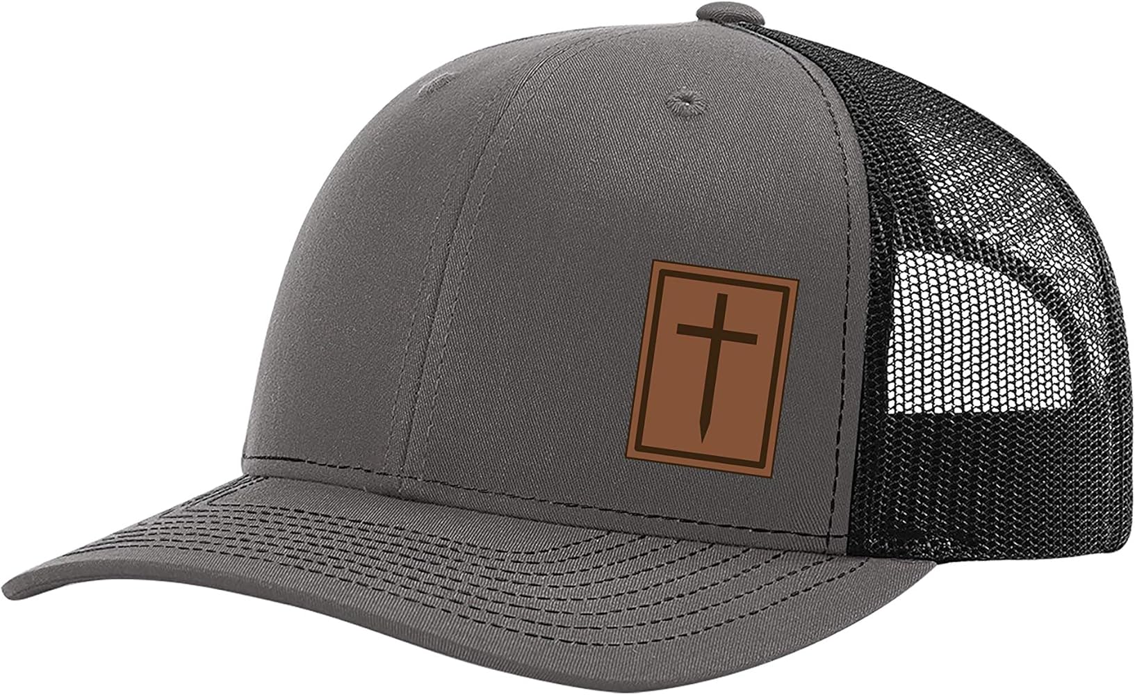 Heritage Pride Men's Christian Cross Worship Prayer God Laser Engraved Leather Patch Mesh Back Trucker Hat