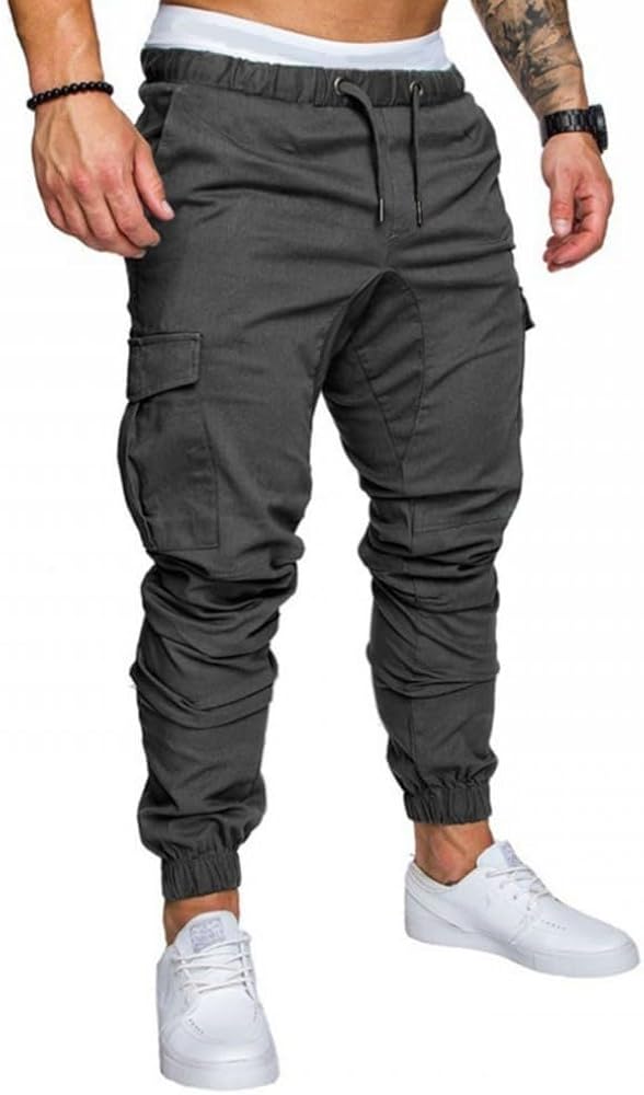 Mens Cargo Pants Casual Joggers Pants for Men Slim Fit Sweatpants with Pockets Athletic Pants Drawstring Cargo Pants Dark Grey