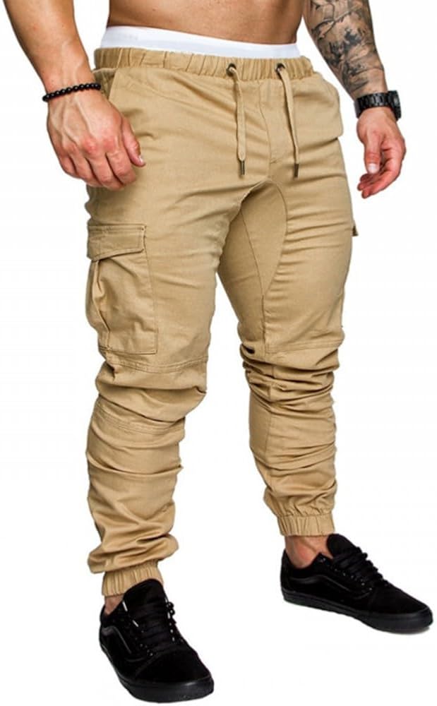 Mens Cargo Pants Casual Joggers Pants for Men Slim Fit Sweatpants with Pockets Athletic Pants Drawstring Cargo Pants Khaki