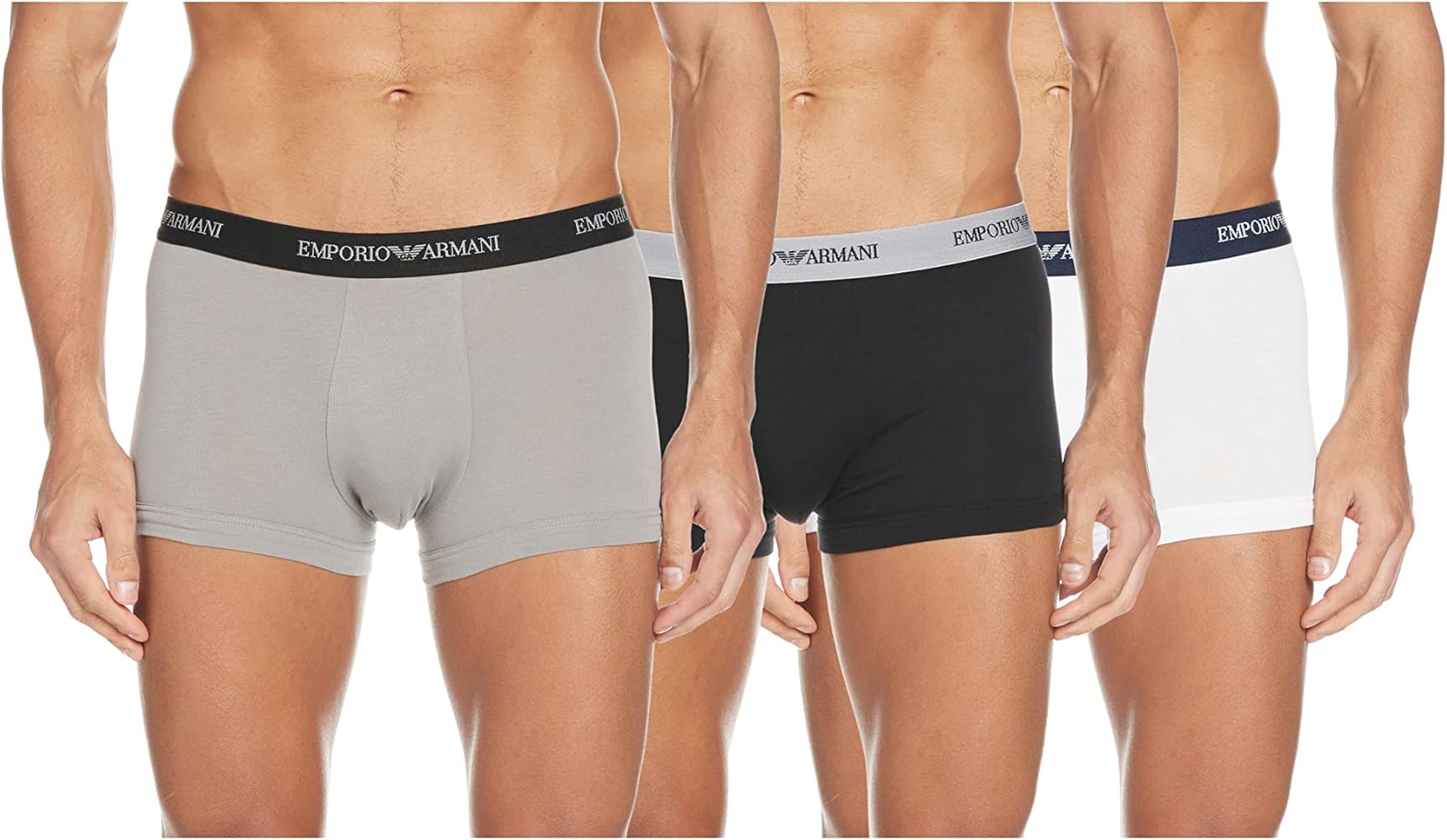 Emporio Armani Stretch Cotton 3-Pack Contrast Waist Men's Boxer Trunks, Black/Grey/White XXL Black/Grey/White