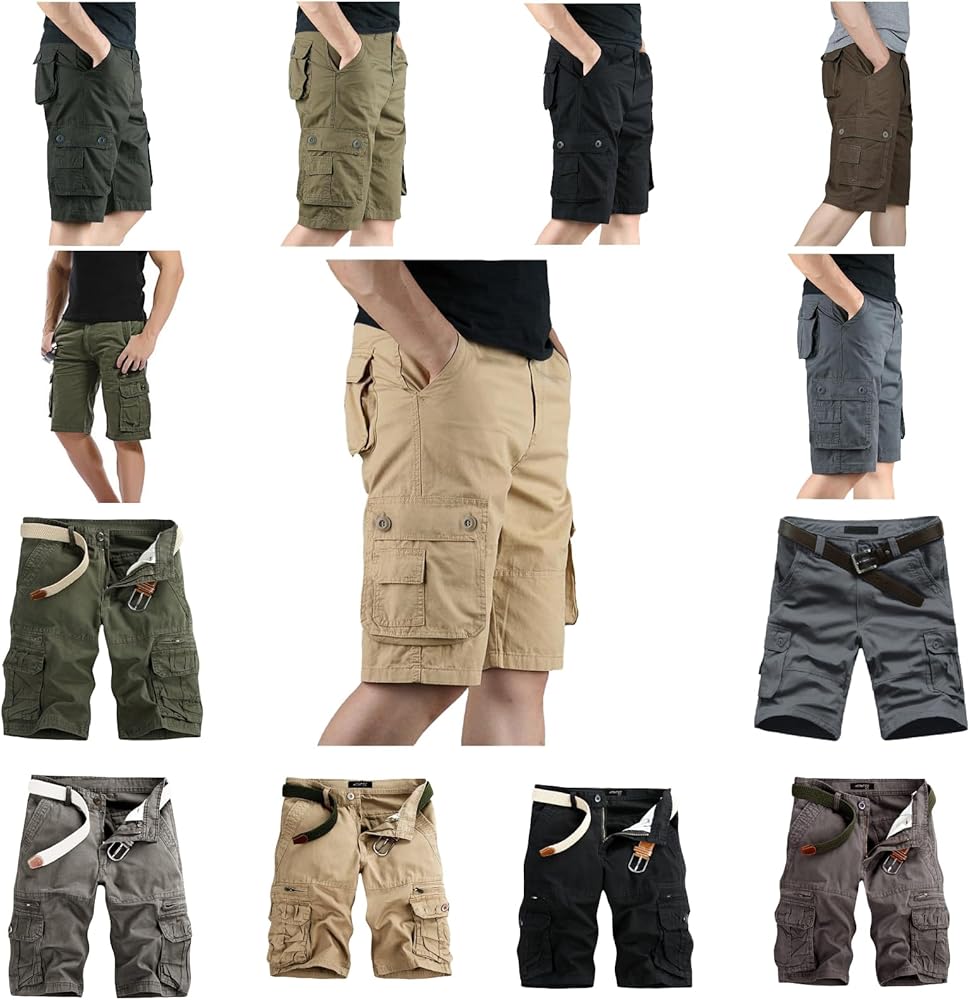 Mens Cargo Shorts with Multi Pockets and Zipper Classic-Fit Outdoor Hiking Short below Knee Stretch Waist Solid Shorts