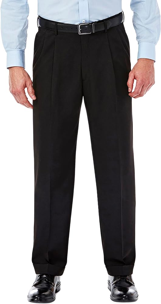 HAGGAR Mens Mynx Gabardine Classic Fit Pleated Front Hidden Expandable Waistband Dress Pant