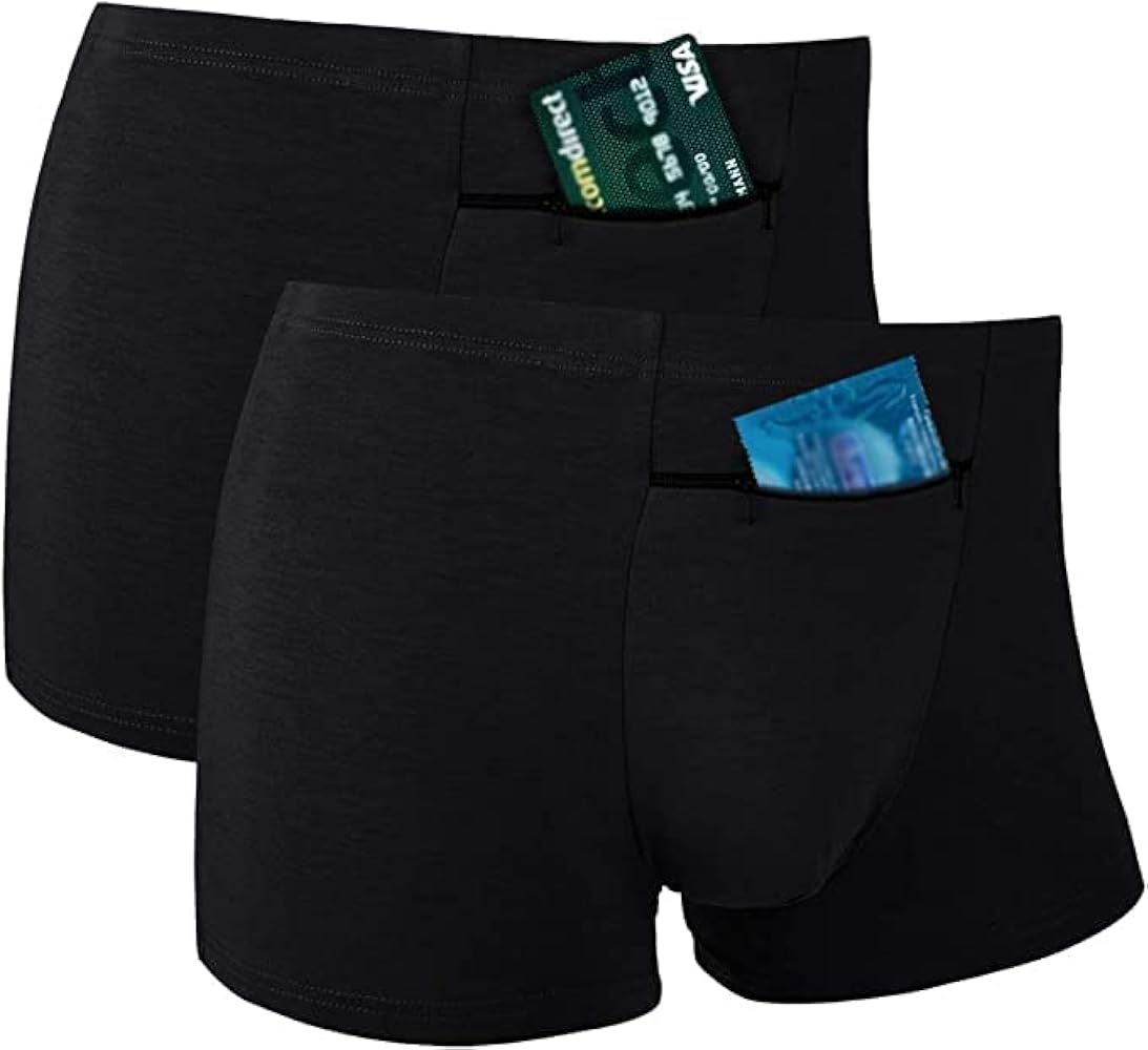 Men's Hide Your Stash Boxer Briefs with Secret Hidden Pocket Underwear, 2 Packs (Black)