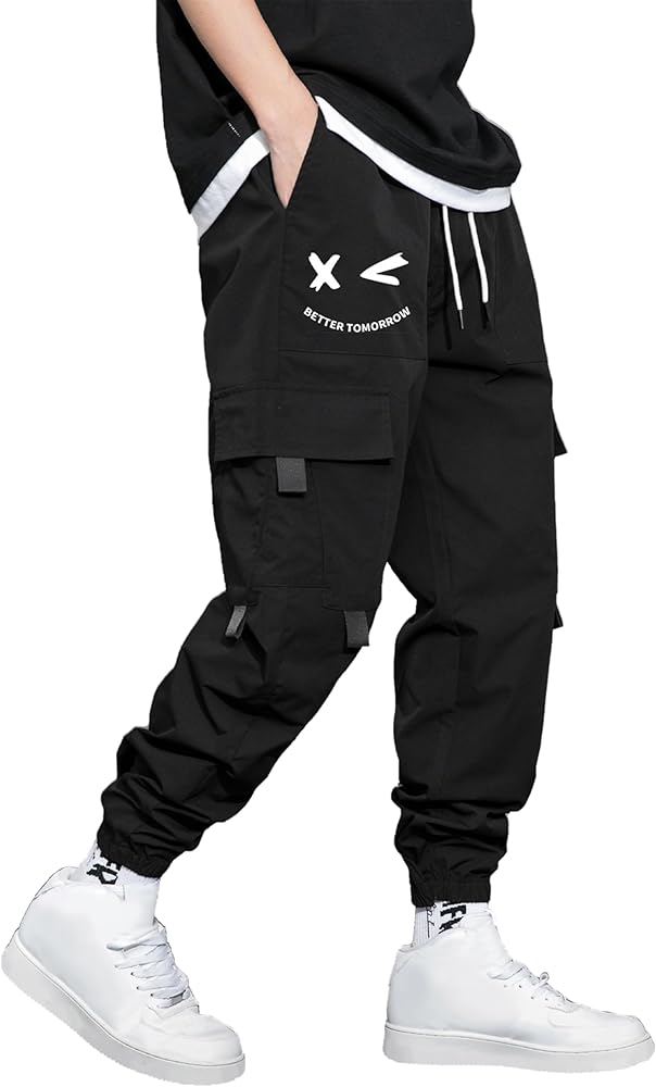 Men's Tactical Cargo Pants Casual Drawstring Multiple Pocket High Waisted Graphic Street Pants