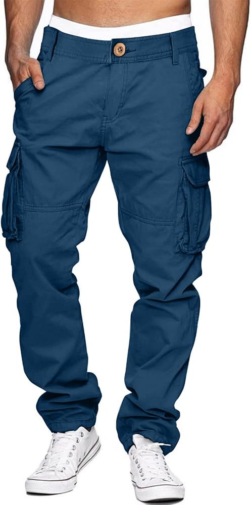 WENKOMG1 Sports Cargo Pants for Men Stretchy Work Baggy Trousers Straight Leg Sweatpants Fishing Hiking Slacks Lightweight Multi-Pocket Pants Big and Tall Travel Long Pants(C-Blue,XX-Large)