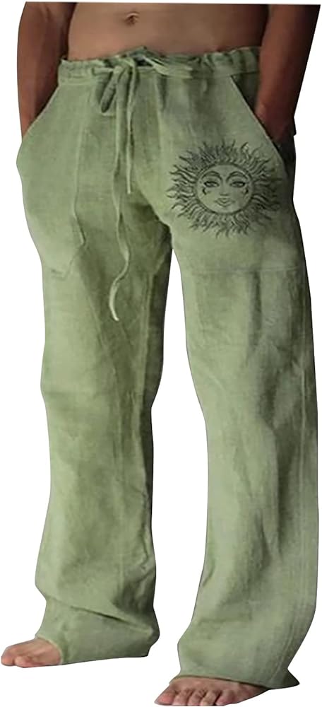 Cotton Linen Pants for Men,Sun Print Casual Loose Fit Baggy Hippy Style Retro Classic Lightweight Yoga Trousers,Vacation Holiday Beachwear Y2K Hemp Sweatpants for Men(Green,L)