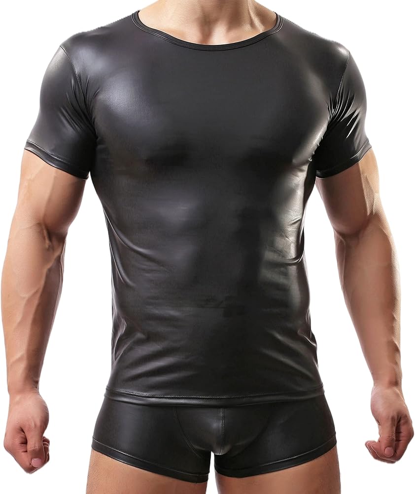 Men's Sexy Leather T-Shirt Slim Nightwear Tops Wet Look Undershirt Black