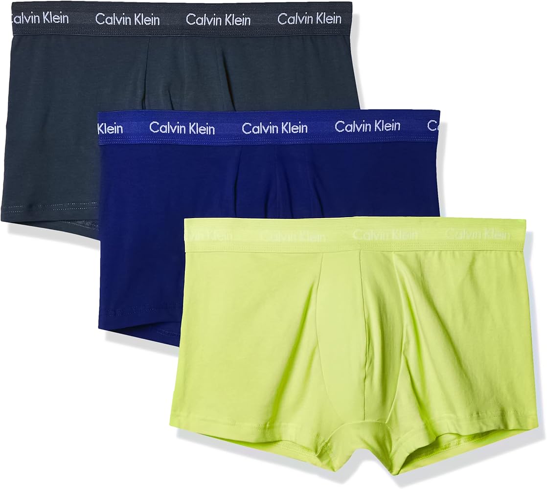 Calvin Klein Men's Cotton Stretch Multipack Low-Rise Trunks, Hemisphere Blue, Direct Green, Blue Flannel, L