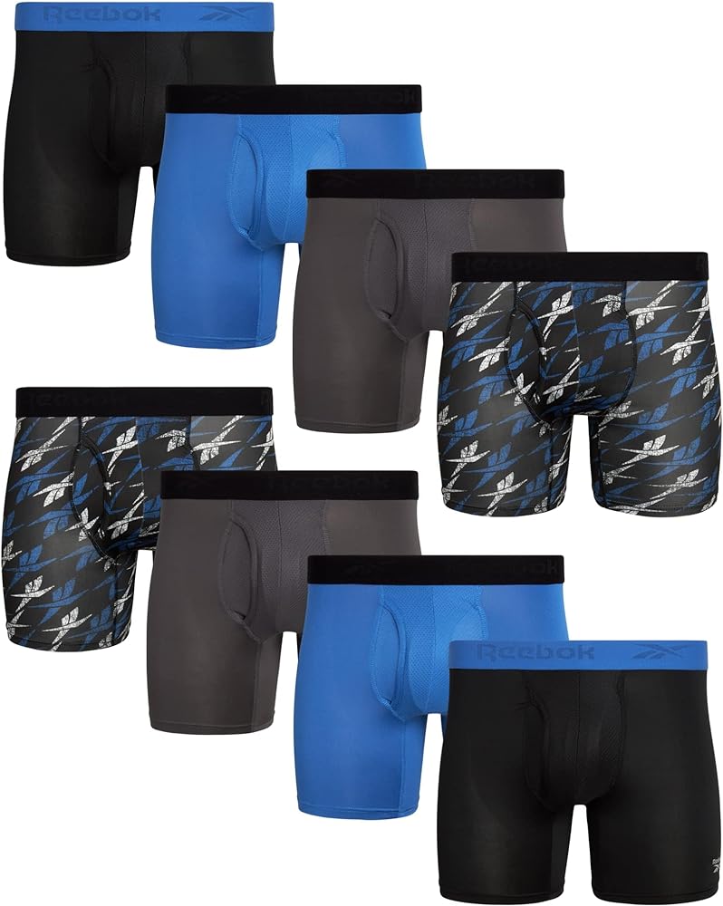 Reebok Men's Boxer Briefs - 8 Pack Performance Mens Underwear Boxer Briefs with Fly Pouch - Athletic Underwear for Men (S-XL)