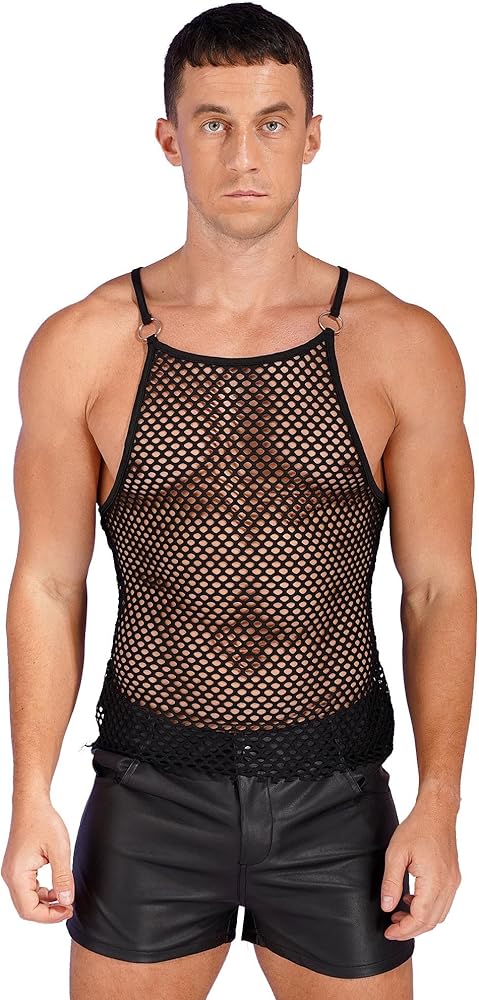 YiZYiF Men's Mesh Undershirt See-Through Breathable Casual Shirts Summer T-Shirt Top Black B X-Large