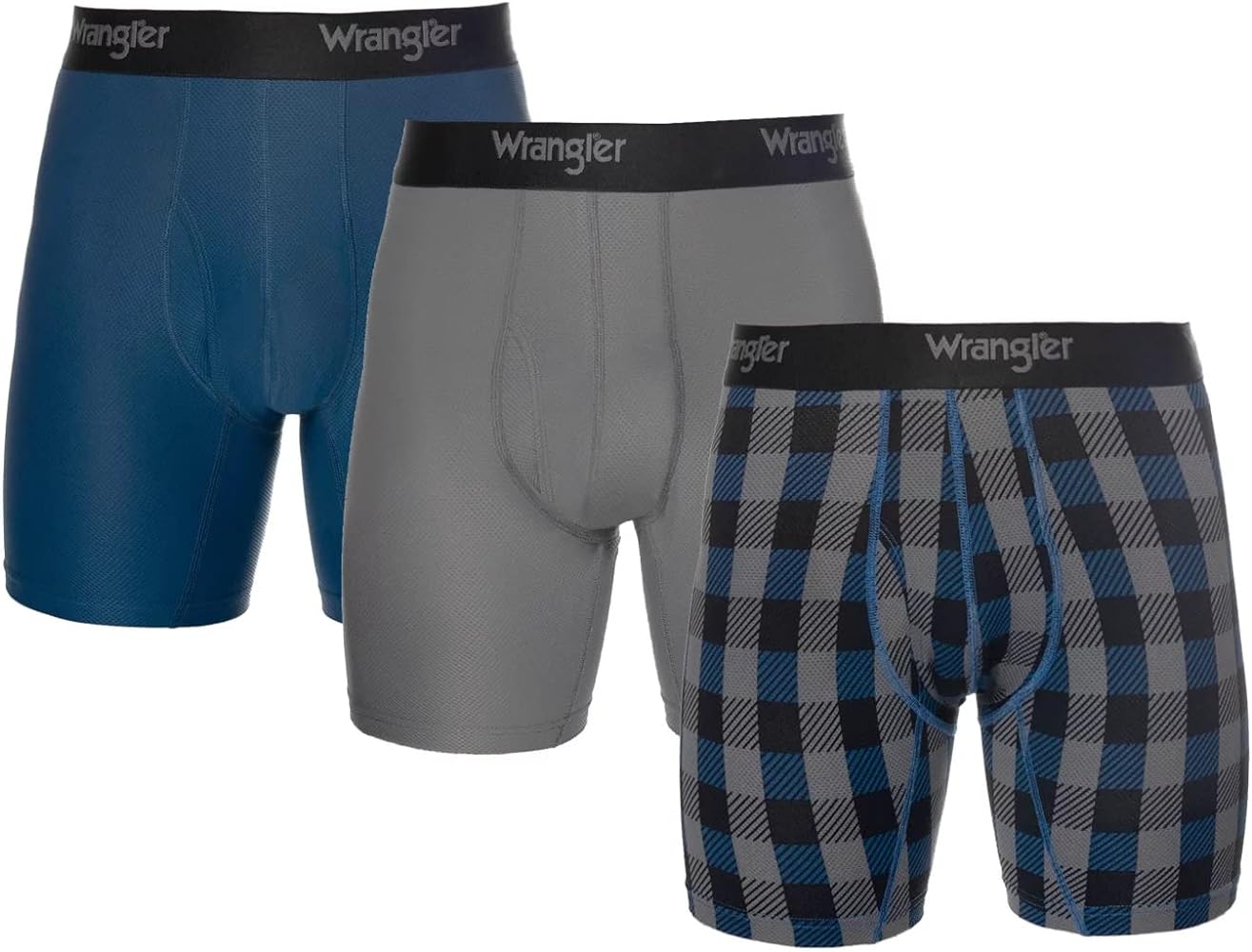 Wrangler Men's Mesh Boxer Briefs, 3 Pack (US, Alpha, Large, X-Large, Regular, Regular, Charcoal, Blue Buffalo Plaid, Poseidon Blue)