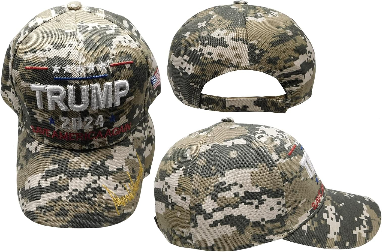 Trade Winds Trump 2024 Save America Again Signature ACU Digital Camouflage Camo 100% Acrylic Adjustable Embroidered Cap Hat, 7 3/4