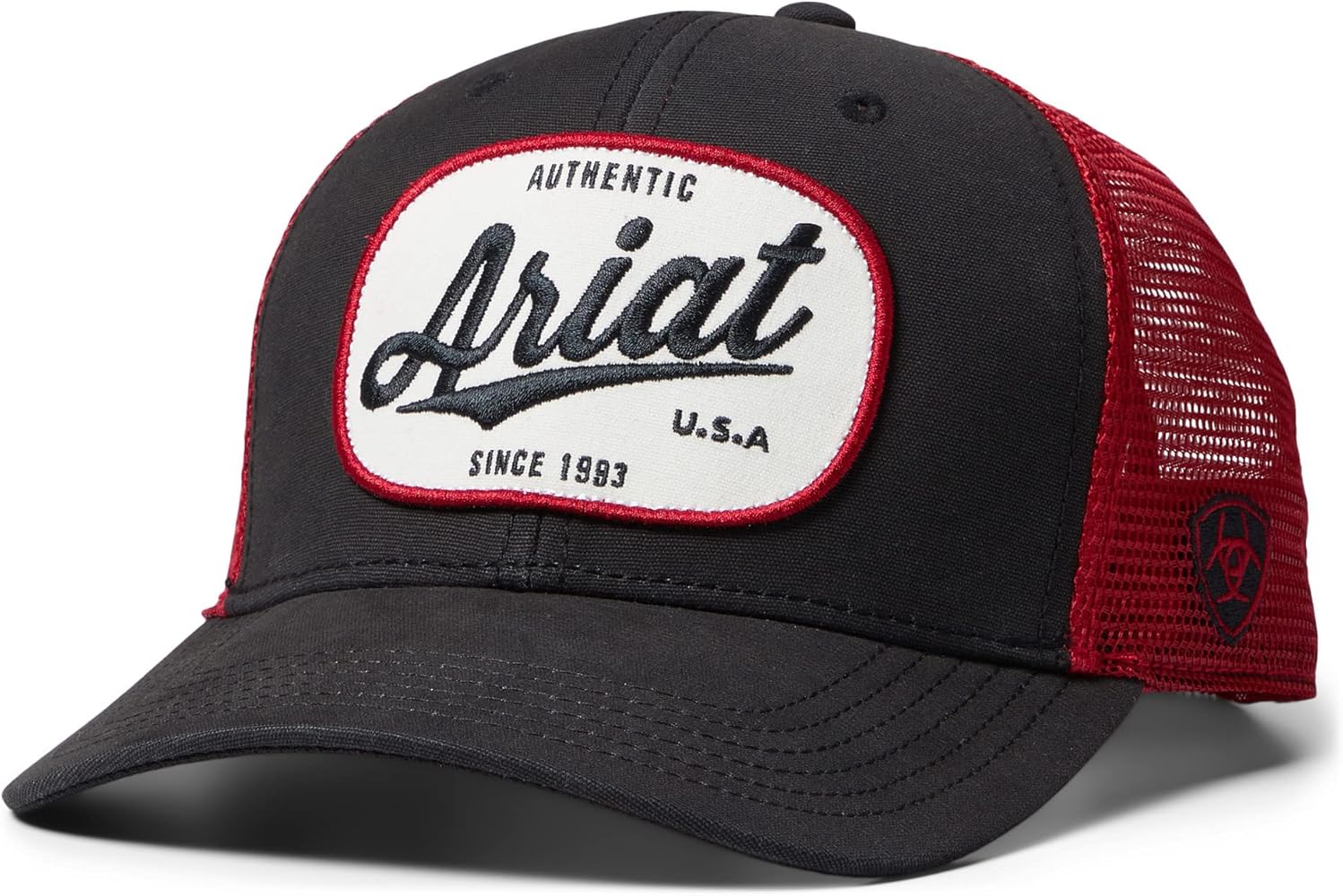 ARIAT Men's Cap, Black B Fit, Oval Cotton Patch with Cursive Logo, Red Mesh Back, Snapback