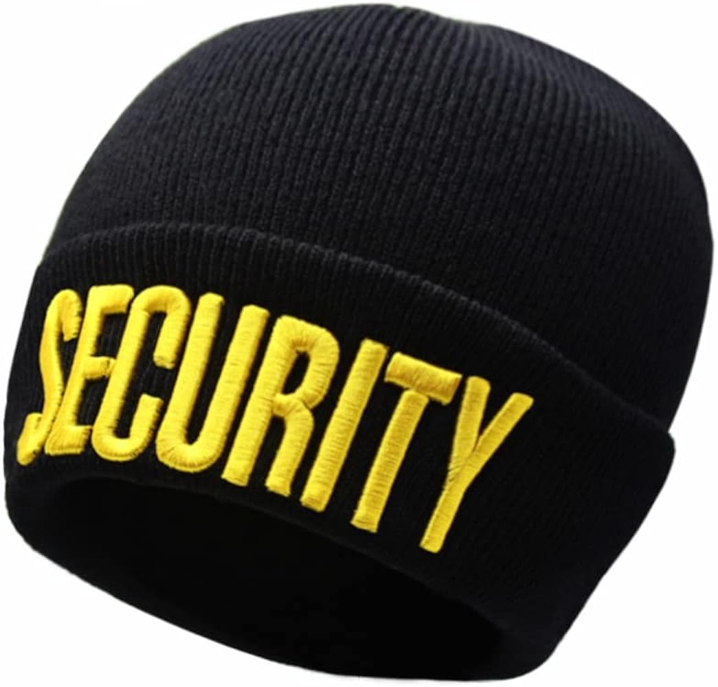 NC Men's Security Black with White Yellow Letters Long Knitted Cuffed Beanie Folded Embroidered Beanie Skull Watch Cap Hat (Gold Color)