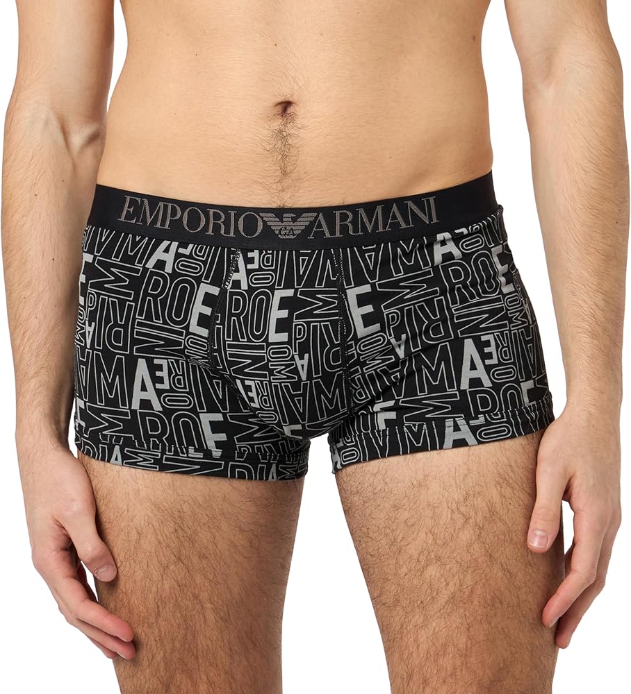 Emporio Armani Men's Stretch Cotton All Over Bold Trunk, Stone Logo Print/Black