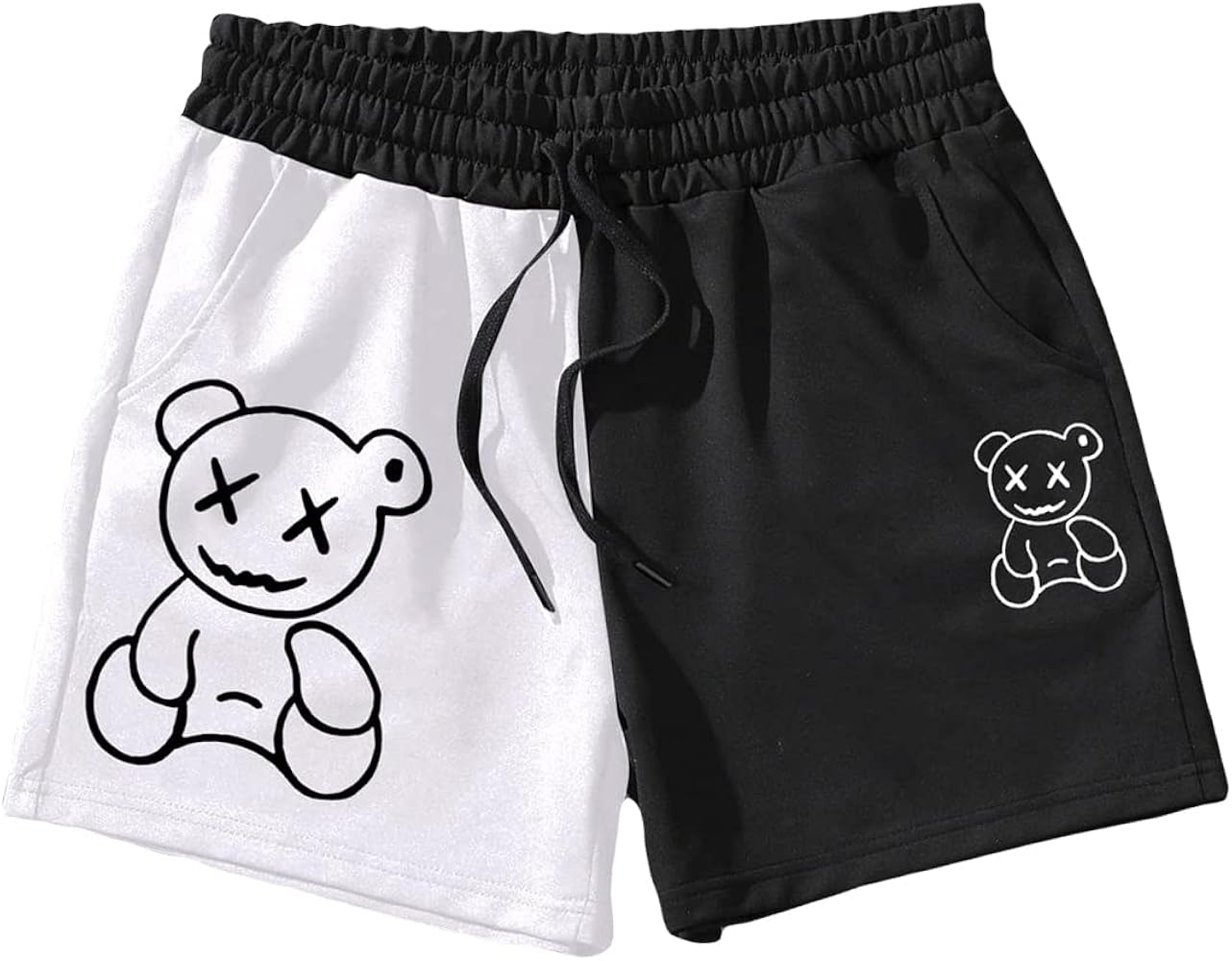 SOLY HUX Men's Cartoon Print Drawstring High Waisted Sweat Shorts Casual Summer Track Shorts with Pocket Black and White Bear Print M