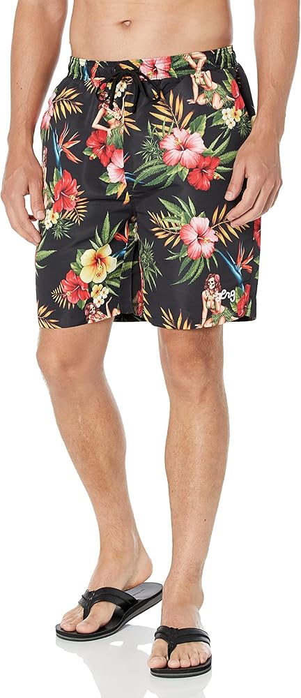 LRG Men's Logo Casual Drawstring Waist Shorts with Pockets, Black/Skull, X-Large