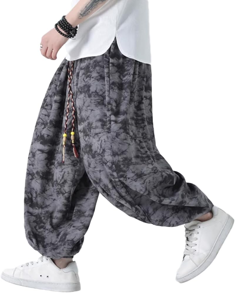 HZCX FASHON Mens Chinese Style Tie Dry Wide Leg Baggy Harem Yoga Jogger Pants Loose Fit Aladdin Trousers