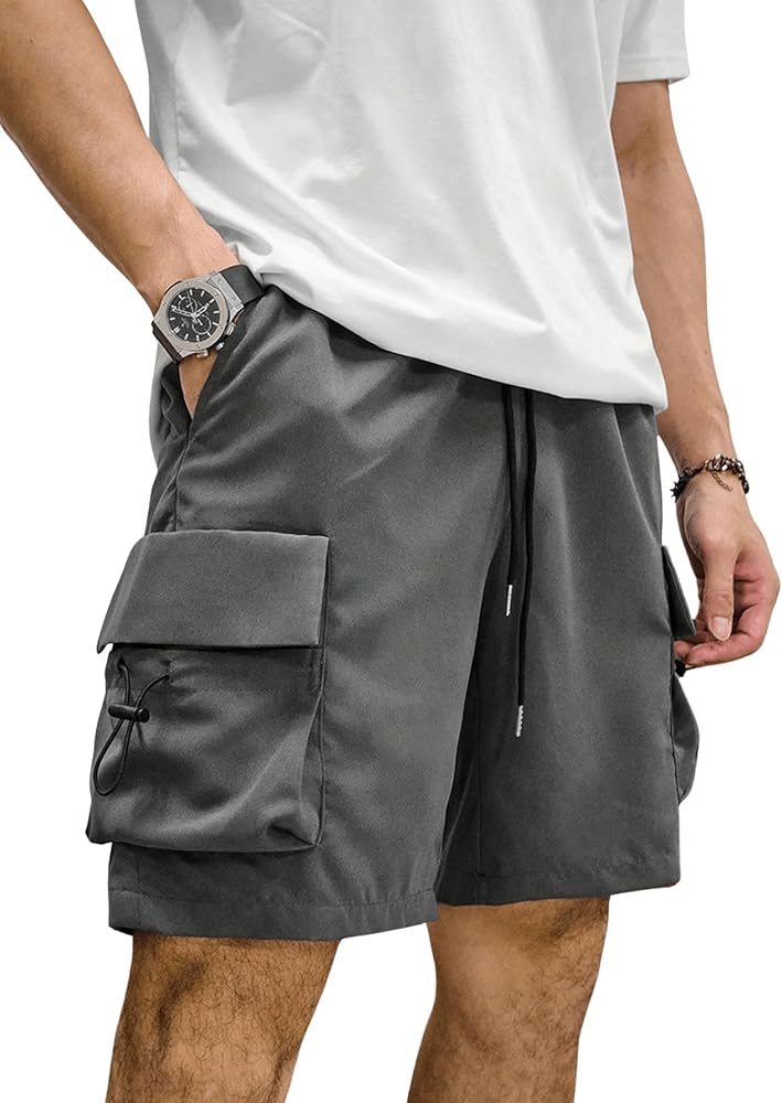 OYOANGLE Men's Flap Pocket Drawstring Waist Cargo Shorts Streetwear Outdoor Track Shorts