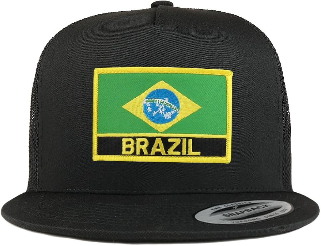 Trendy Apparel Shop Brazil Flag 5 Panel Flatbill Trucker Mesh Snapback Cap