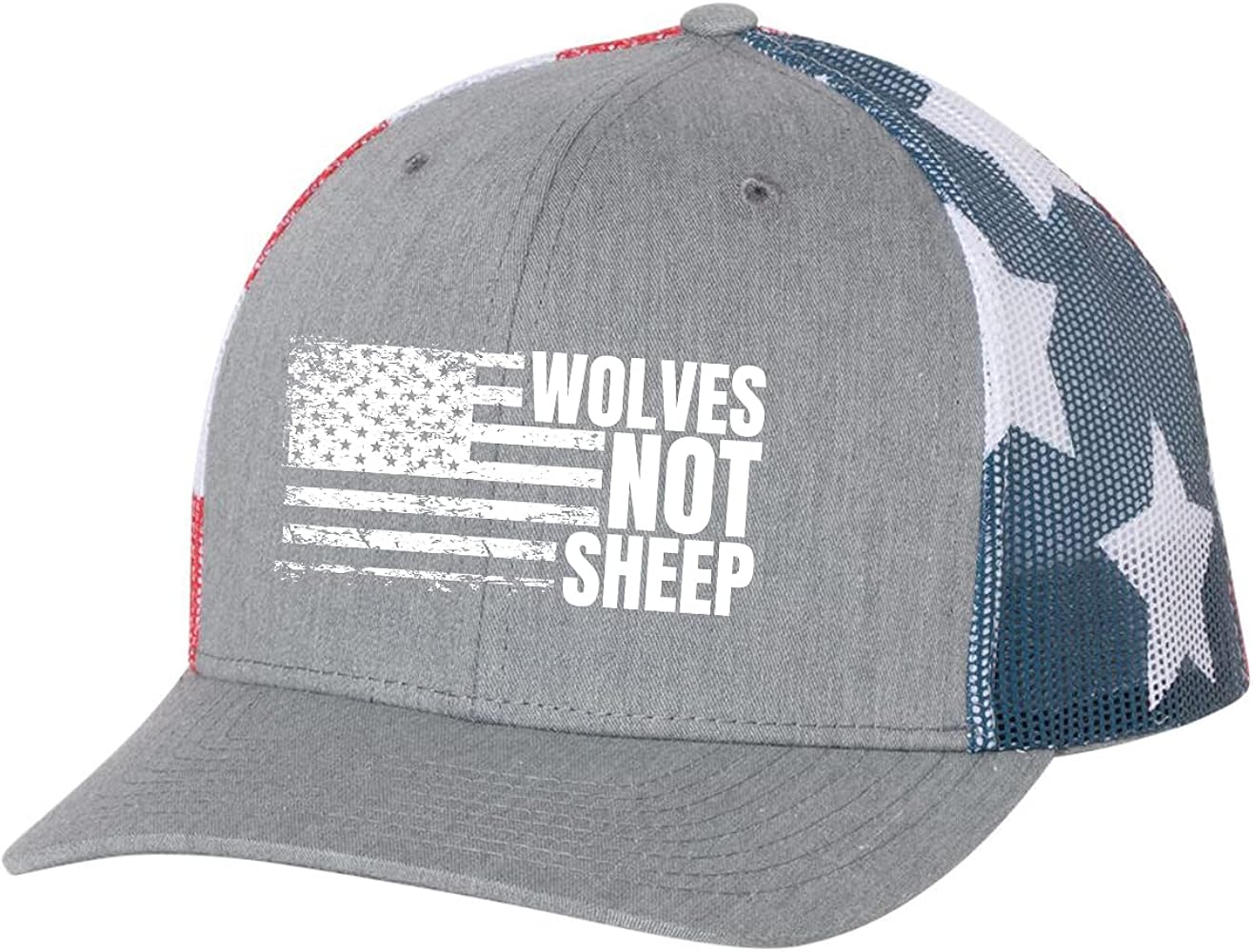 Men's Wolves Not Sheep Patriotic Embroidered American Flag Mesh Back Trucker Hat, Heather Grey/American Flag Mesh