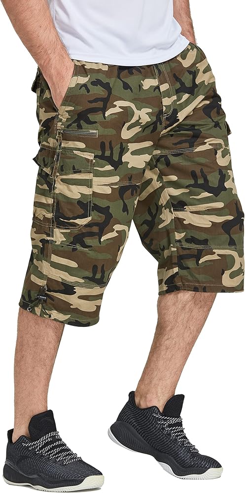 Susclude Men's 3/4 Casual Twill Cargo Shorts Multi-pockets Lightweight Cotton Elastic Long Capri Shorts below Knee(no belt)