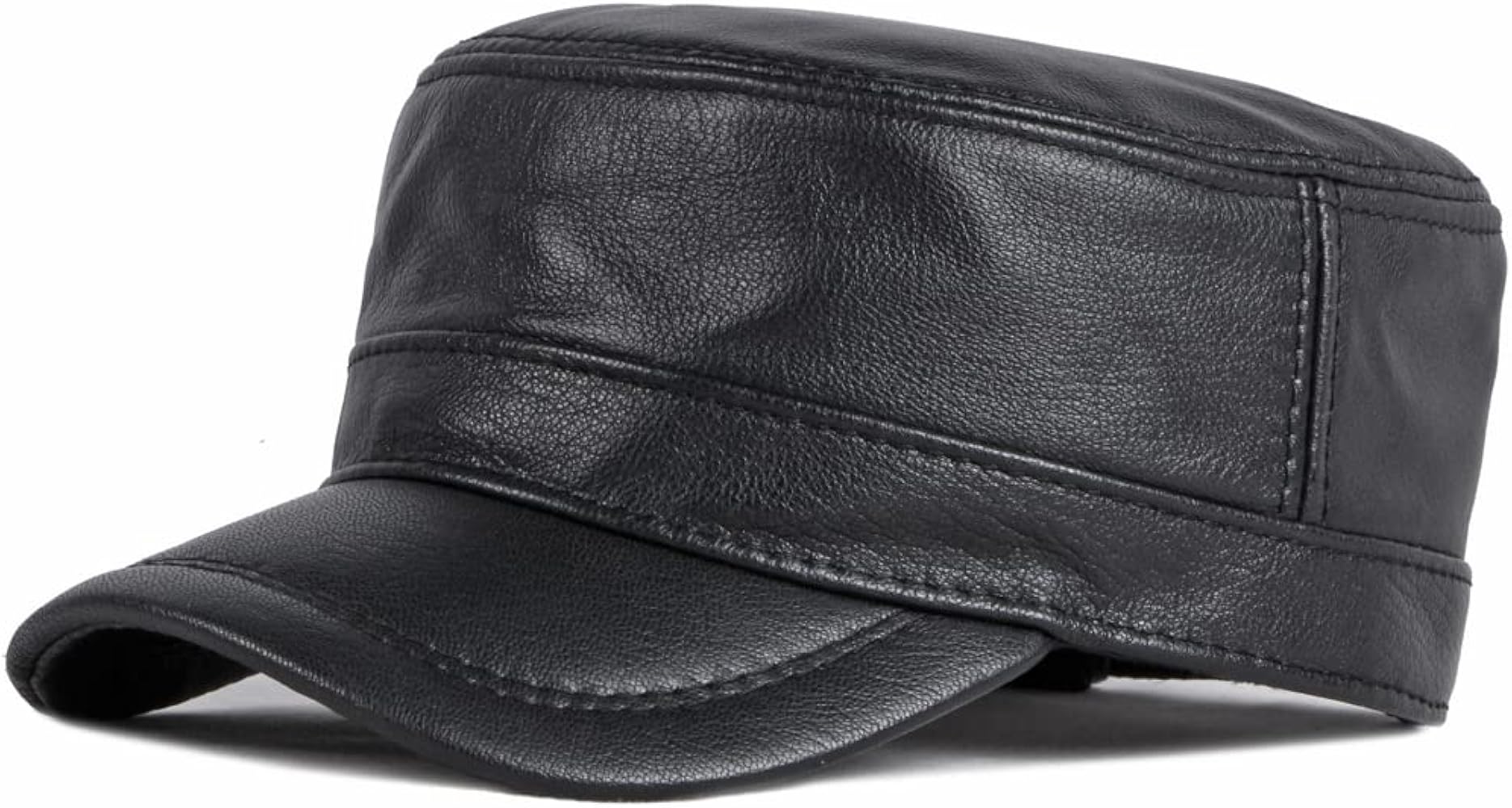 Men's Lambskin Leather Military Caps Cadet Army Caps Flat Top Cap