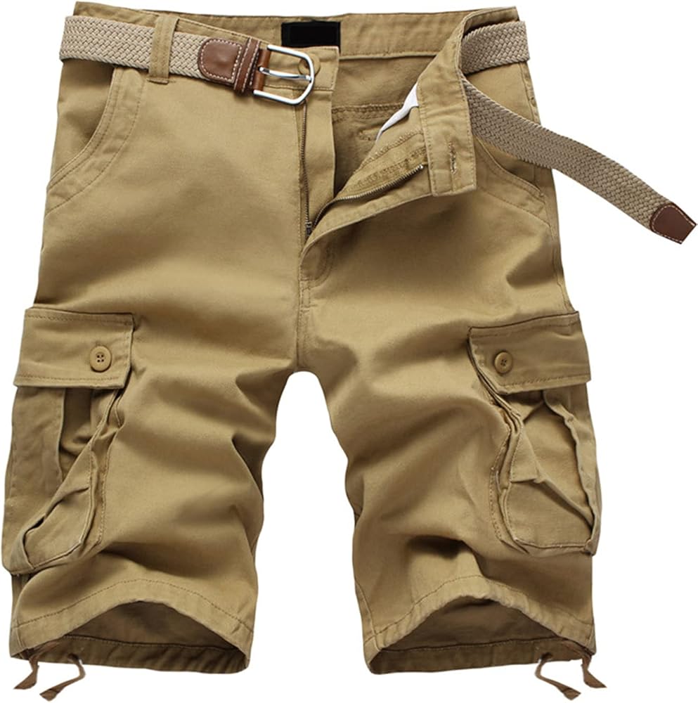 Men's Cotton Twill Cargo Shorts Classic Relaxed Fit Multi-Pocket Short Pants Casual Military Outdoor Loose Shorts (Khaki,32)