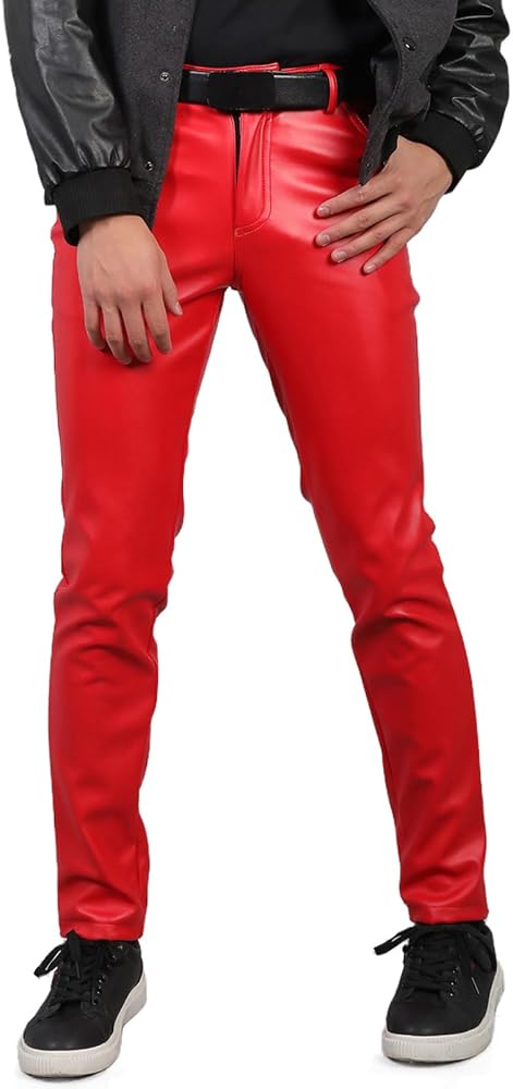 Mens Business Casual High Waist Straight Leg PU Faux Leather Slim Fit Pants