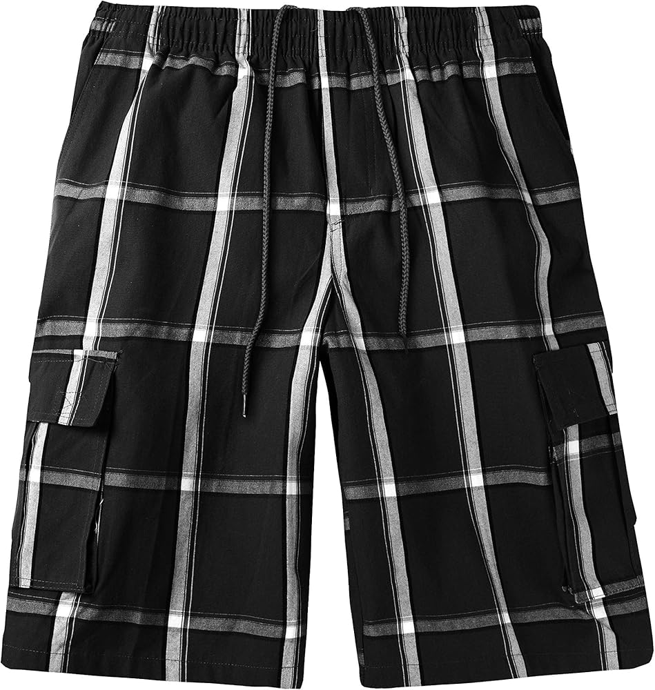 Men's Cargo Pocket Elastic Waist Plaid Shorts