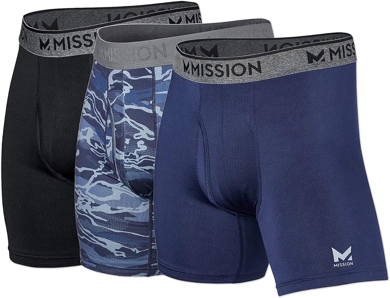 MISSION 6" Performance Mesh Boxer Briefs, Large - 3 Pack, Black, Matrix Camo, Navy - Anti-Roll Waistband - Soft, Moisture-Wicking Fabric