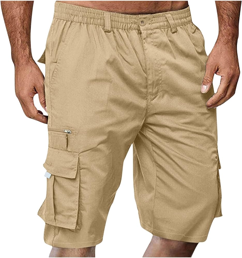 Men's Cargo Shorts, Elastic Waist Bermuda Shorts Summer Casual Loose Fit Multi Pockets Outdoor Jogger Short Cargos