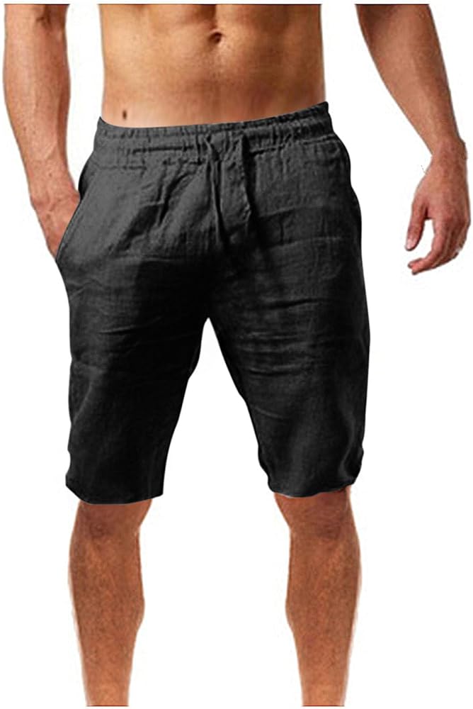 Mens Shorts Casual Elastic Waist Linen Shorts Drawstring Loose Fit Summer Beach Shorts with Pocket