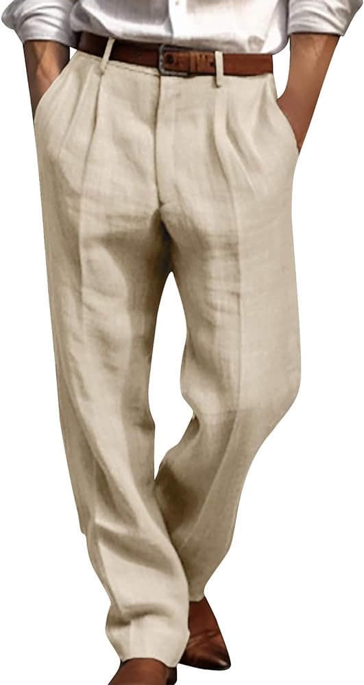 Men's Classic-Fit Pleated Dress Pants Expandable-Waist Straight Barrel Long Pant Leisure Trousers with Pocket Work