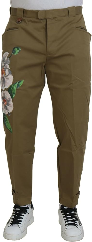 Dolce & Gabbana Beige Cotton Stretch Floral Chinos Men's Pants