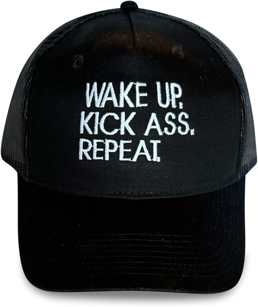 Wake Up, Kick Ass, Repeat, 5 Panel Black Trucker Hat with Snapback Closure with with Embroidery | Perfect for HGW, RMW, Outdoor Activities, Motivational Hat