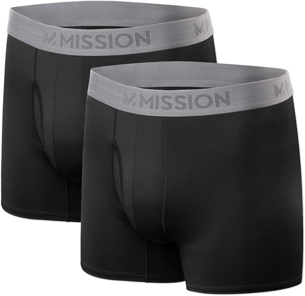 MISSION 5" Performance Jersey Boxer Briefs, Large - 2 Pack, Black/Black - Anti-Roll Waistband - Soft, Moisture-Wicking Fabric