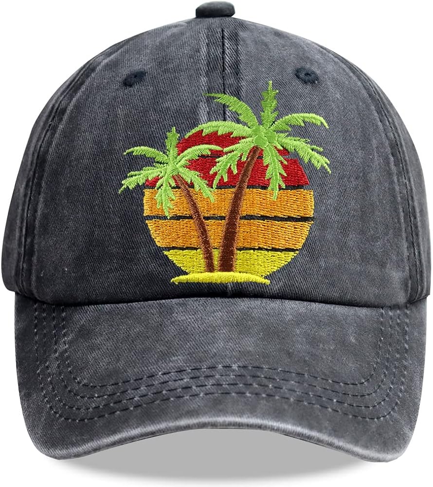 Palm Tree Hat, Summer Vacation Sun Baseball Cap Vintage Embroidered Adjustable Distressed Washed for Men Women